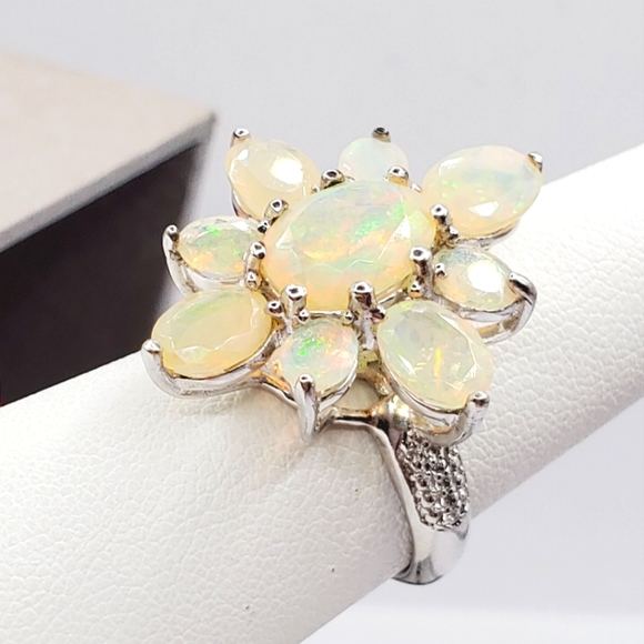 Jewelry - Ethiopian Faceted Oval Opal & White Topaz Statement 925 Sterling Silver Ring